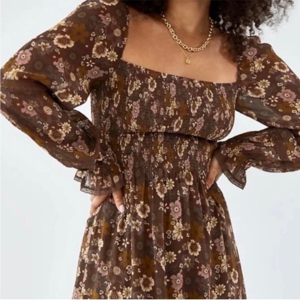 Wilfred Brown Floral Smocked Long Sleeve Maxi Dress